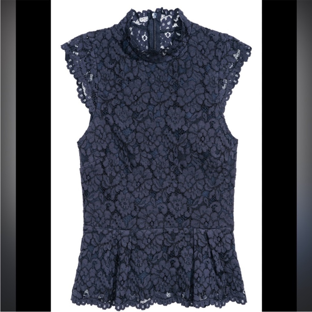 H&M Navy Floral Lace Peplum Blouse Size 2 High Neck Sleeveless Scalloped